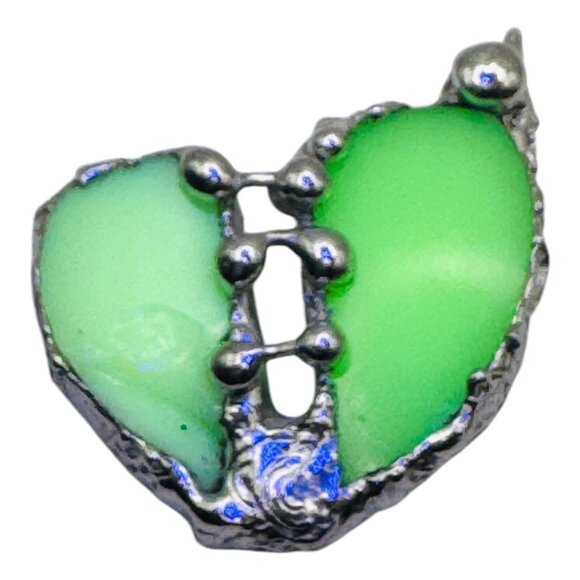 Uranium Glass Heart Pendant “The Mended Heart” Artisan Handcrafted Metalwork - Picture 3 of 17
